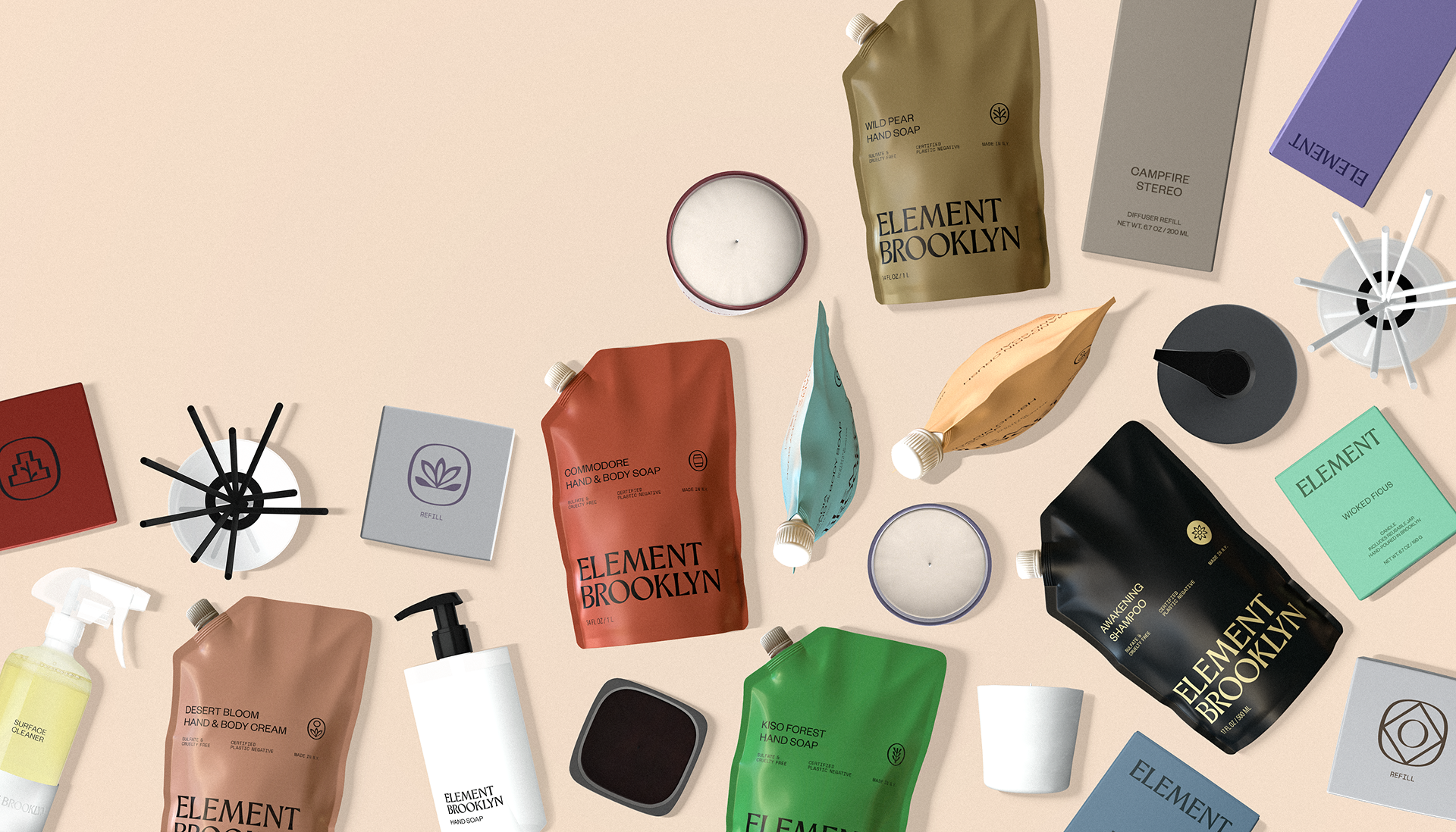 Collection of Element Brooklyn products on a beige background