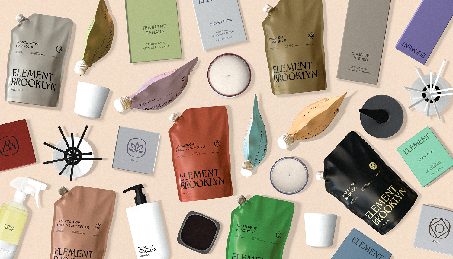 Collection of Element Brooklyn products on a beige background
