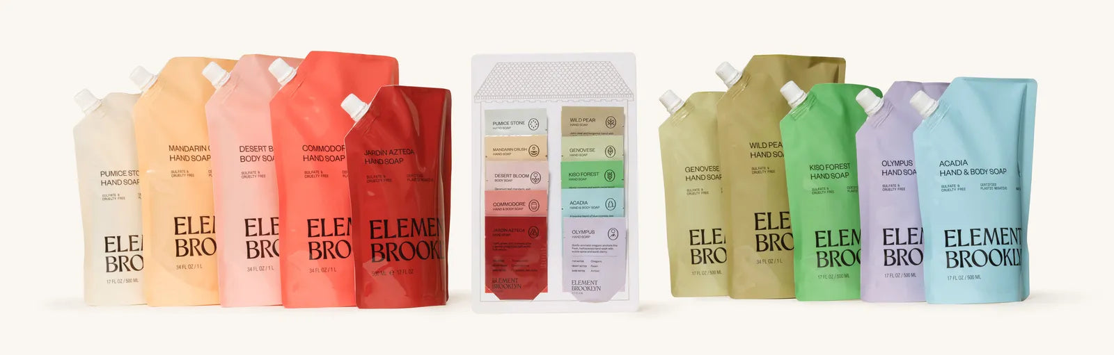 The Discovery Set card between full-size refill pouches of all ten fragrances